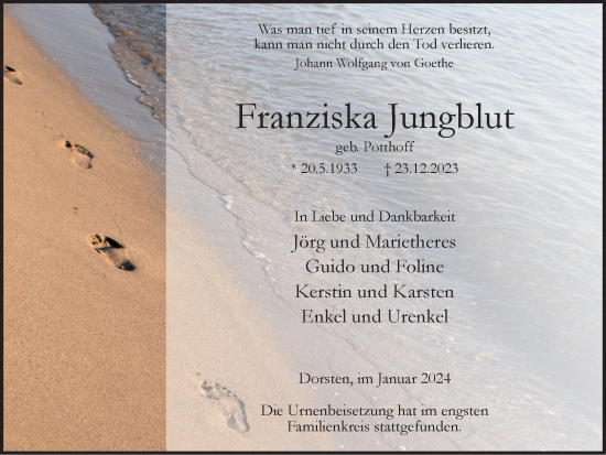 Traueranzeige von Franziska Jungblut von Ruhr Nachrichten und Dorstener Zeitung