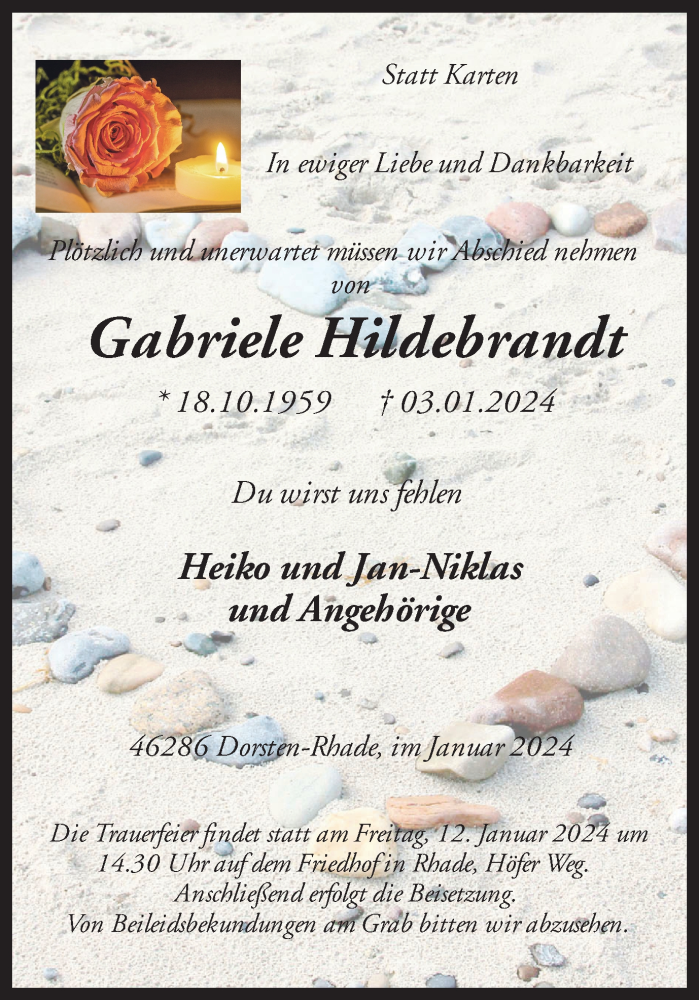  Traueranzeige für Gabriele Hildebrandt vom 09.01.2024 aus Ruhr Nachrichten und Dorstener Zeitung