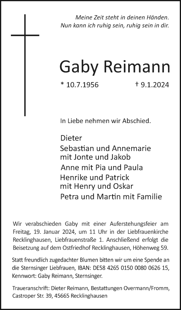  Traueranzeige für Gaby Reimann vom 13.01.2024 aus Medienhaus Bauer