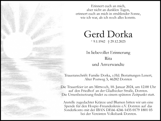 Traueranzeige von Gerd Dorka von Ruhr Nachrichten und Dorstener Zeitung