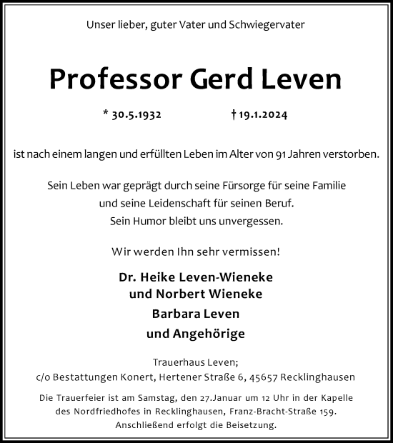 Traueranzeige von Gerd Leven von Medienhaus Bauer