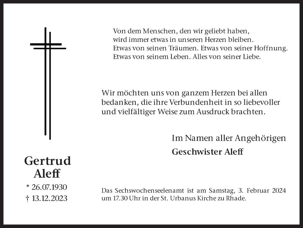  Traueranzeige für Gertrud Aleff vom 27.01.2024 aus Ruhr Nachrichten und Dorstener Zeitung