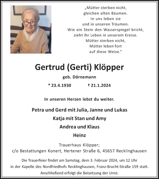 Traueranzeige von Gertrud Klöpper von Medienhaus Bauer