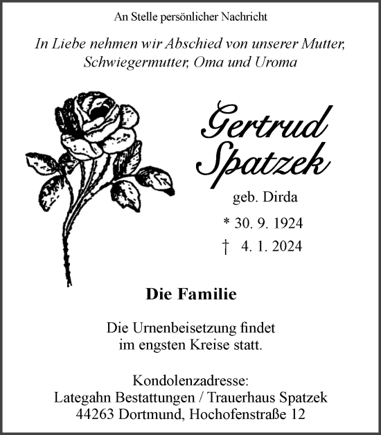 Traueranzeige von Gertrud Spatzek 