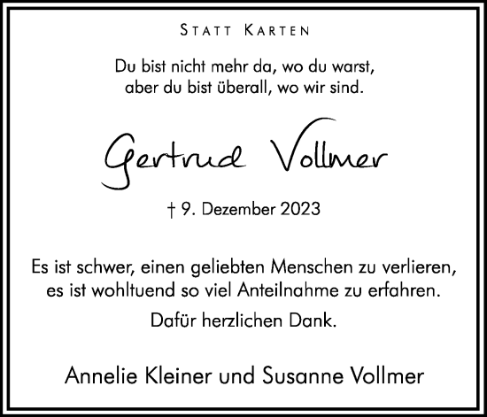 Traueranzeige von Gertrud Vollmer von Hellweger Anzeiger