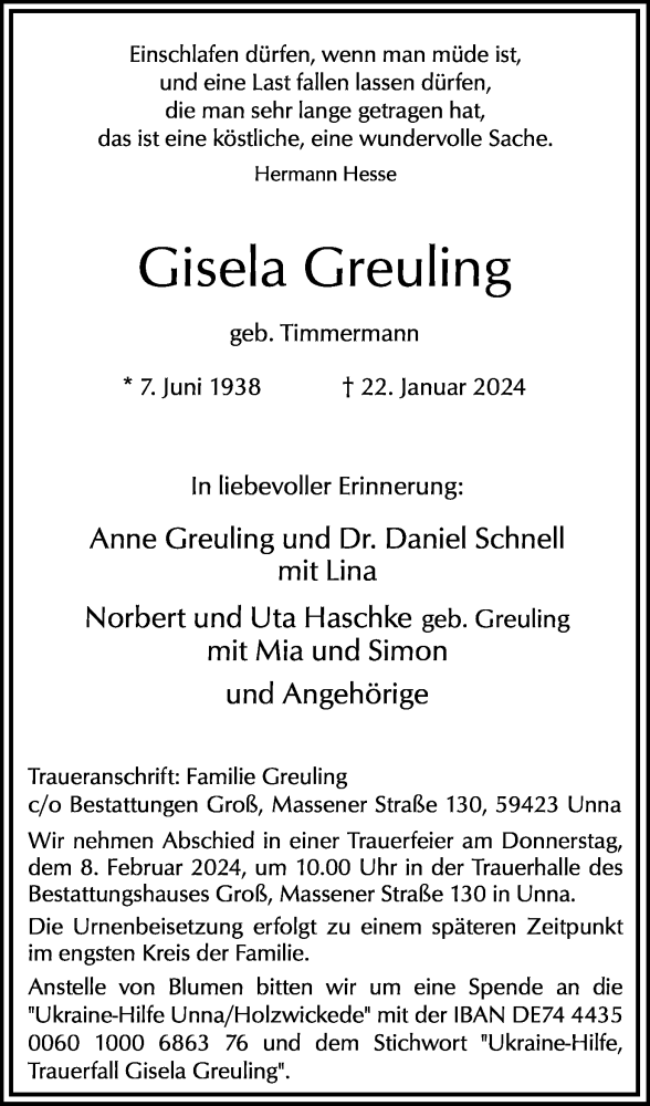  Traueranzeige für Gisela Greuling vom 27.01.2024 aus Hellweger Anzeiger