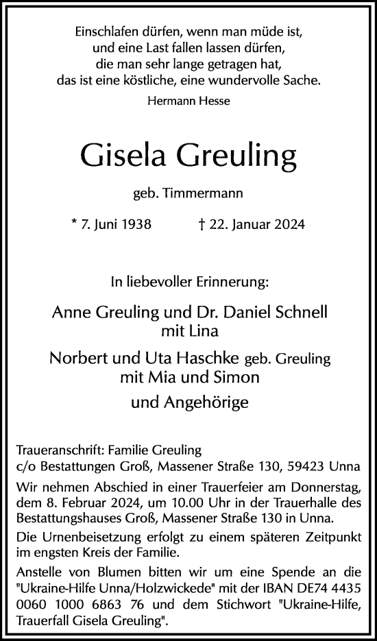 Traueranzeige von Gisela Greuling von Hellweger Anzeiger