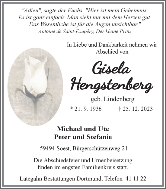 Traueranzeige von Gisela Hengstenberg 