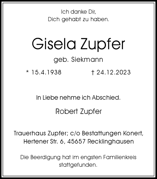 Traueranzeige von Gisela Zupfer von Medienhaus Bauer