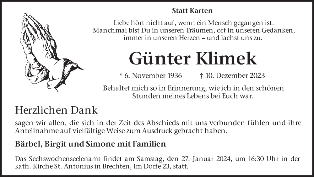  Traueranzeige für Günter Klimek vom 20.01.2024 aus 