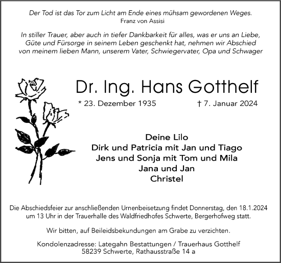 Traueranzeige von Hans Gotthelf von Ruhr Nachrichten