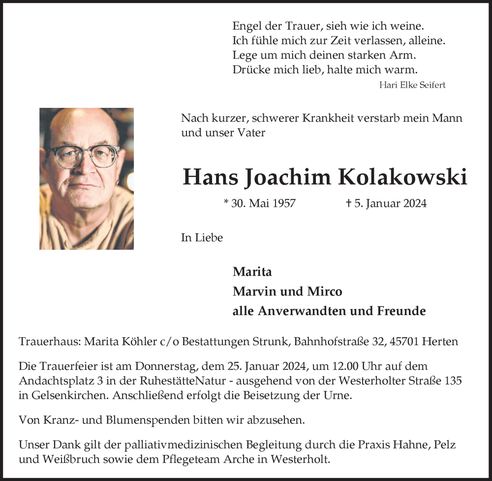  Traueranzeige für Hans Joachim Kolakowski vom 20.01.2024 aus Medienhaus Bauer