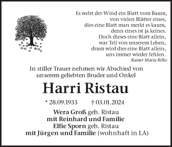 Traueranzeige von Harri Ristau 