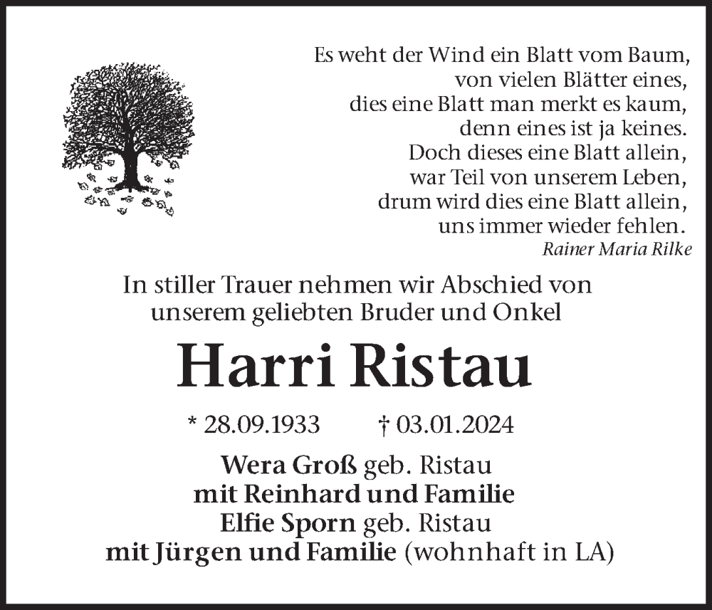  Traueranzeige für Harri Ristau vom 13.01.2024 aus 
