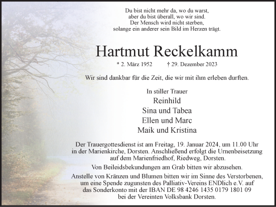 Traueranzeige von Hartmut Reckelkamm von Ruhr Nachrichten und Dorstener Zeitung