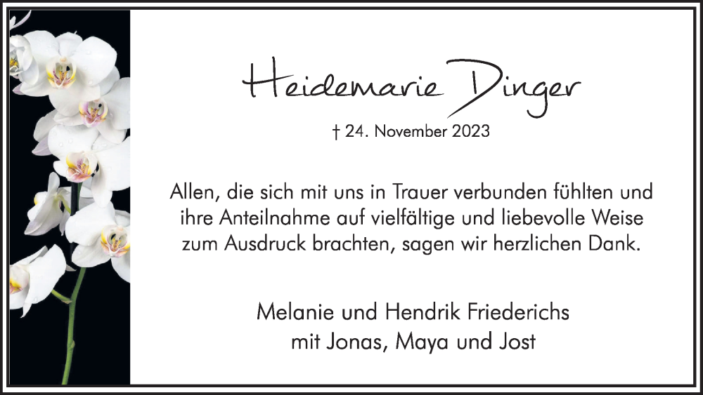  Traueranzeige für Heidemarie Dinger vom 20.01.2024 aus Hellweger Anzeiger