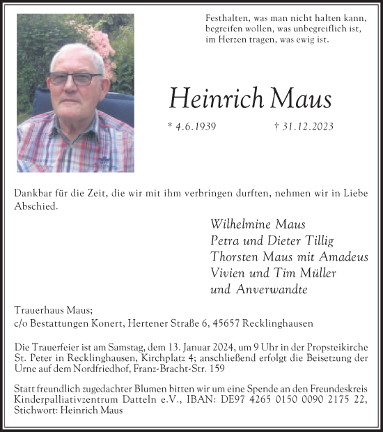 Traueranzeige von Heinrich Maus von Medienhaus Bauer