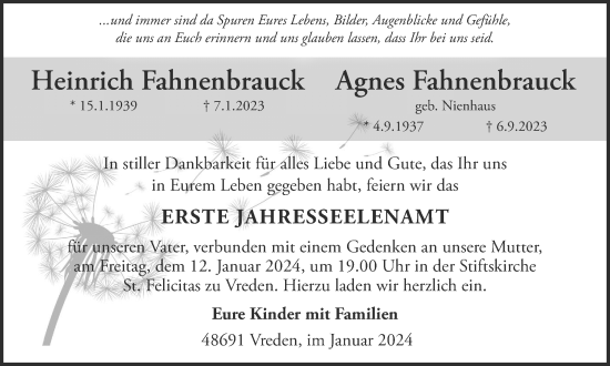 Traueranzeige von Heinrich und Agnes Fahnenbrauck von Münstersche Zeitung und Münsterland Zeitung