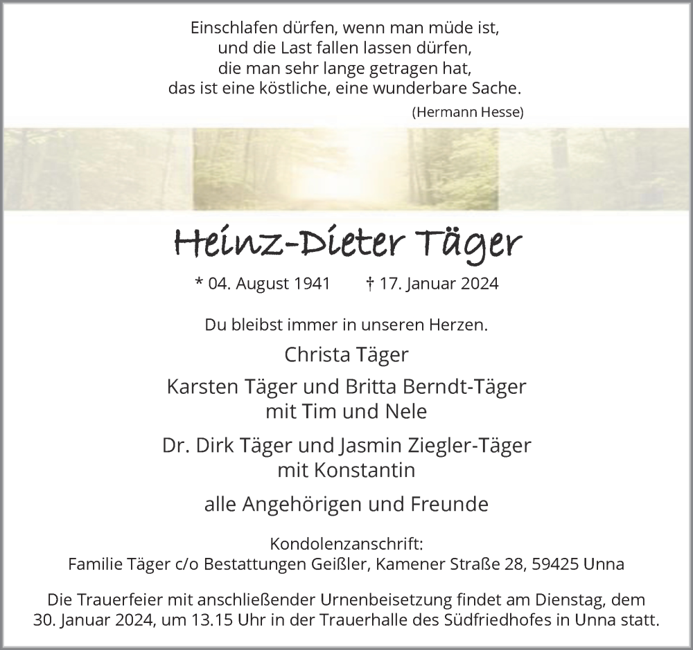  Traueranzeige für Heinz-Dieter Täger vom 20.01.2024 aus Hellweger Anzeiger