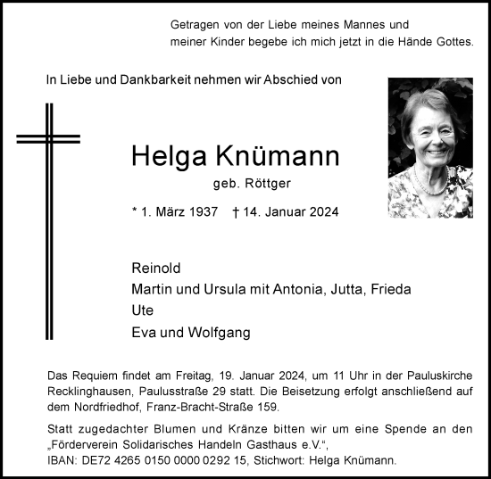 Traueranzeige von Helga Knümann von Medienhaus Bauer