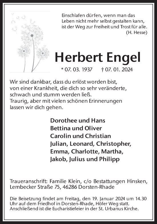 Traueranzeige von Herbert Engel von Medienhaus Bauer