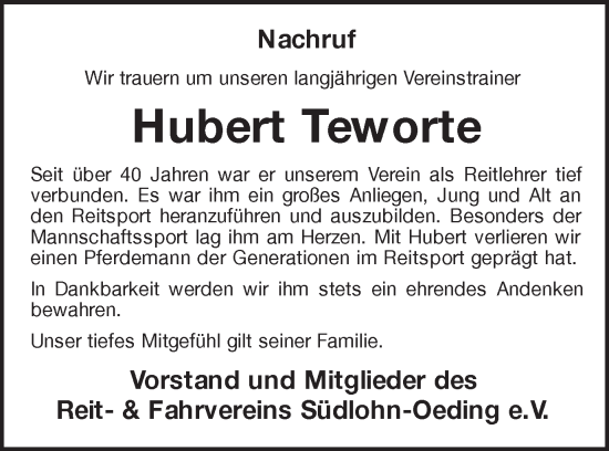 Traueranzeige von Hubert Teworte von Münstersche Zeitung und Münsterland Zeitung