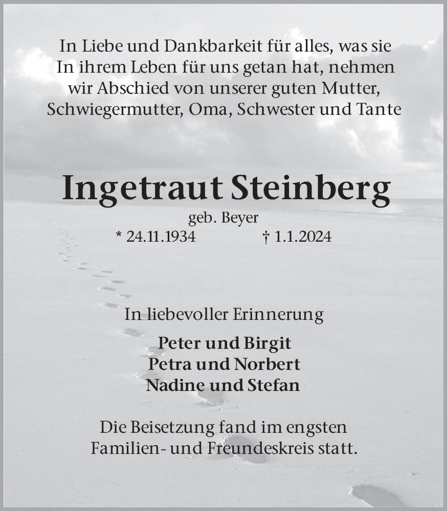  Traueranzeige für Ingetraut Steinberg vom 13.01.2024 aus Ruhr Nachrichten und Dorstener Zeitung