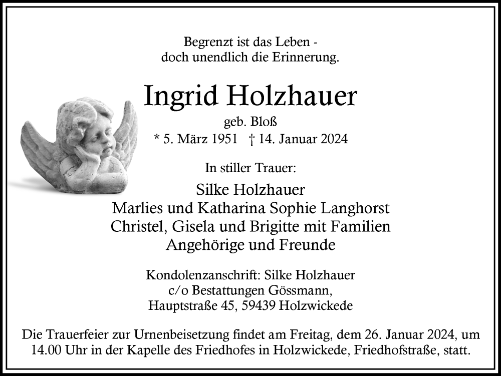  Traueranzeige für Ingrid Holzhauer vom 20.01.2024 aus Hellweger Anzeiger