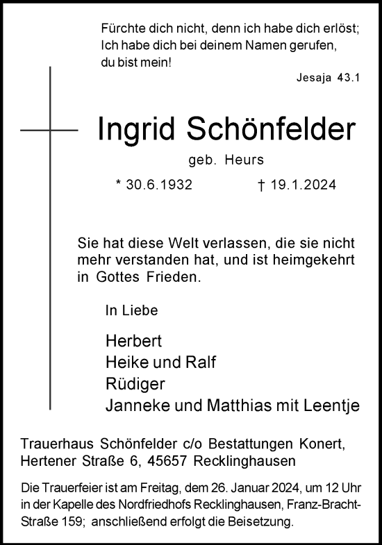 Traueranzeige von Ingrid Schönfelder von Medienhaus Bauer