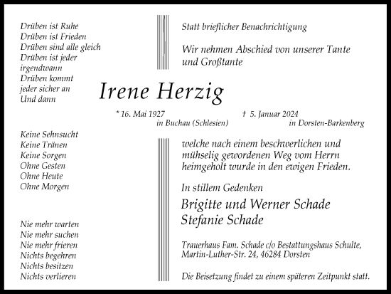 Traueranzeige von Irene Herzig von Ruhr Nachrichten und Dorstener Zeitung