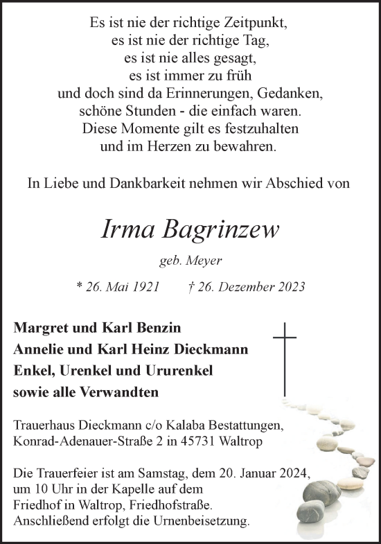 Traueranzeige von Irma Bagrinzew von Medienhaus Bauer