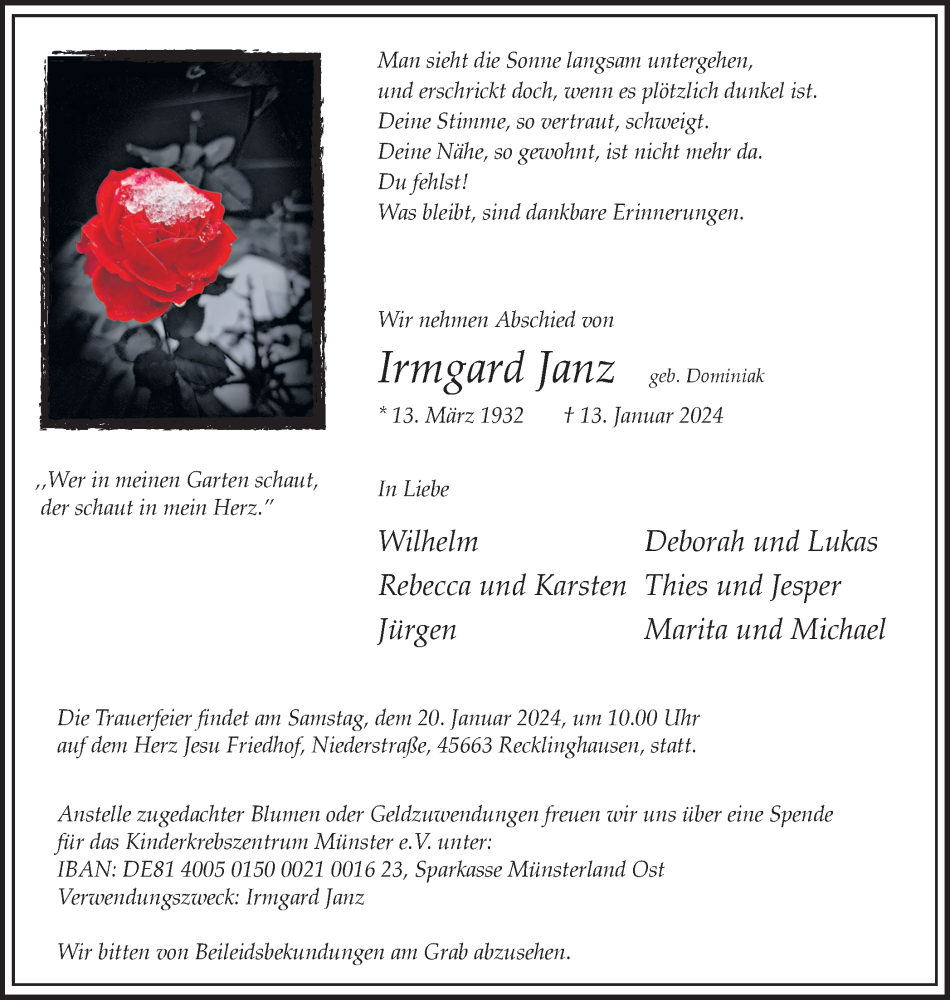  Traueranzeige für Irmgard Janz vom 18.01.2024 aus Medienhaus Bauer