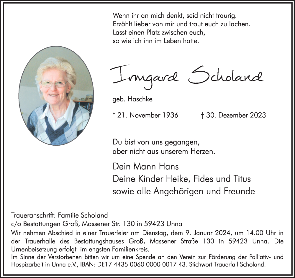  Traueranzeige für Irmgard Scholand vom 03.01.2024 aus Hellweger Anzeiger