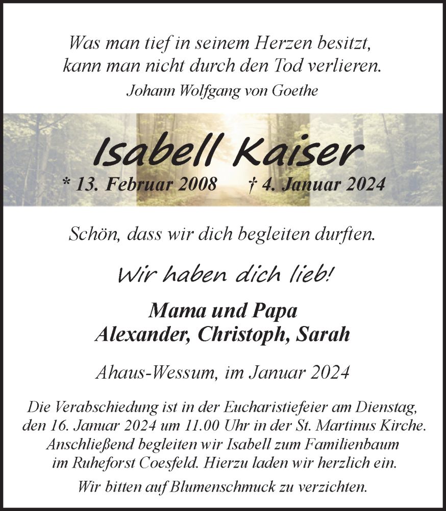  Traueranzeige für Isabell Kaiser vom 11.01.2024 aus Münstersche Zeitung und Münsterland Zeitung