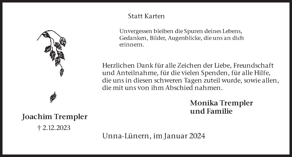  Traueranzeige für Joachim Trempler vom 12.01.2024 aus Hellweger Anzeiger