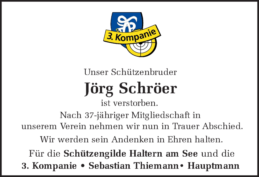  Traueranzeige für Jörg Schröer vom 20.01.2024 aus Ruhr Nachrichten und Halterner Zeitung