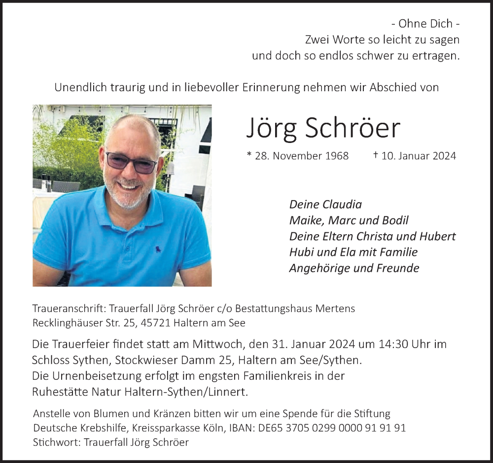  Traueranzeige für Jörg Schröer vom 19.01.2024 aus Ruhr Nachrichten und Halterner Zeitung