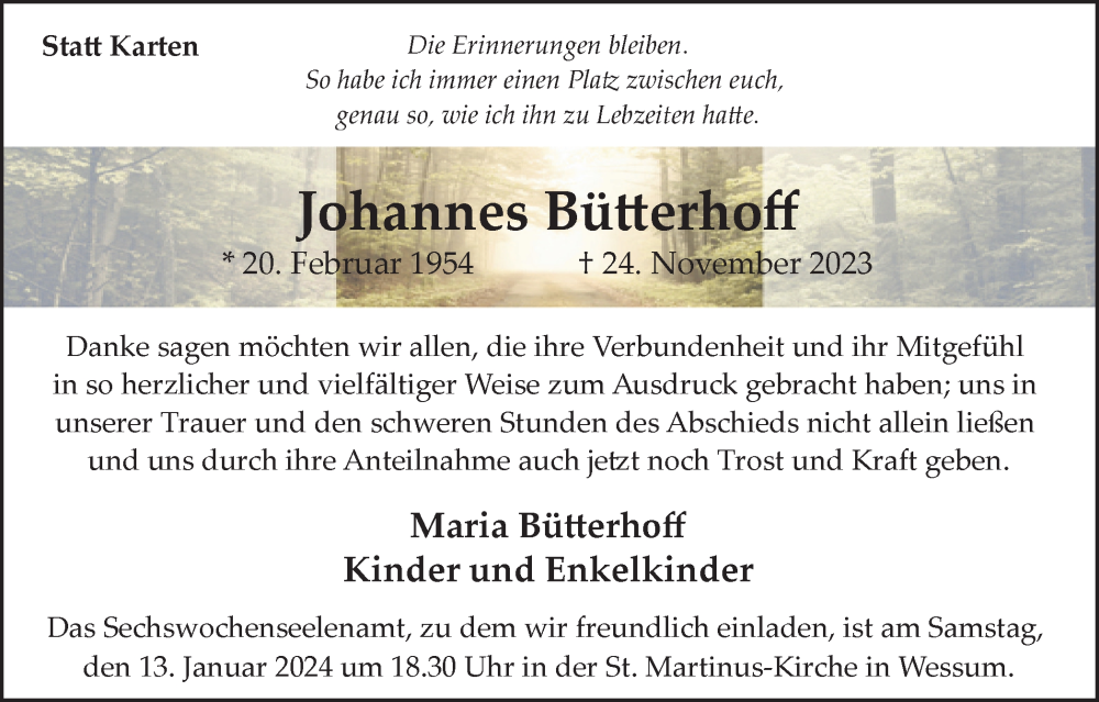  Traueranzeige für Johannes Bütterhoff vom 10.01.2024 aus Münstersche Zeitung und Münsterland Zeitung