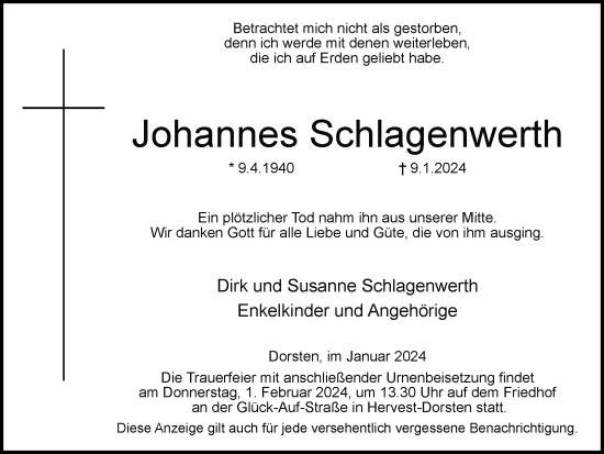 Traueranzeige von Johannes Schlagenwerth von Ruhr Nachrichten und Dorstener Zeitung