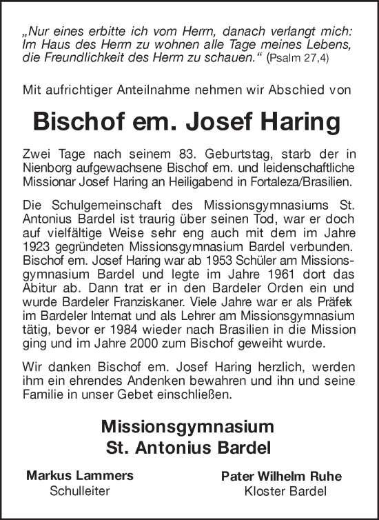 Traueranzeige von Josef Haring von Münstersche Zeitung und Münsterland Zeitung