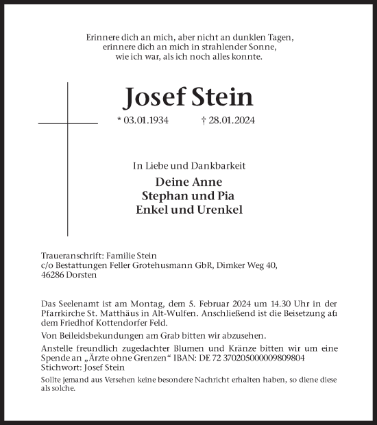 Traueranzeige von Josef Stein von Ruhr Nachrichten und Dorstener Zeitung