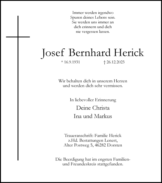 Traueranzeige von Josef Bernhard Herick von Ruhr Nachrichten und Dorstener Zeitung
