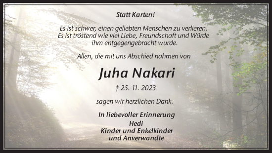 Traueranzeige von Juha Nakari von Medienhaus Bauer