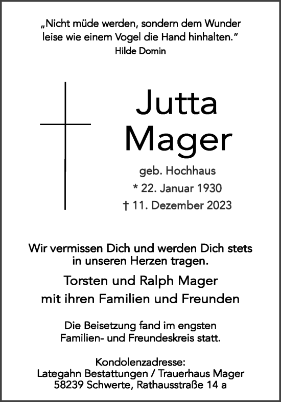Traueranzeige von Jutta Mager von Ruhr Nachrichten