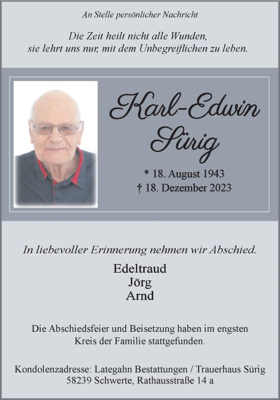 Traueranzeige von Karl-Edwin Sürig von Ruhr Nachrichten