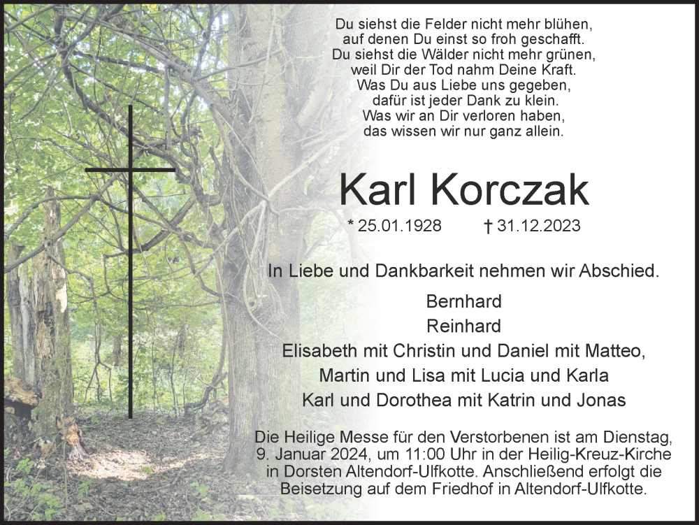  Traueranzeige für Karl Korczak vom 05.01.2024 aus Ruhr Nachrichten und Dorstener Zeitung