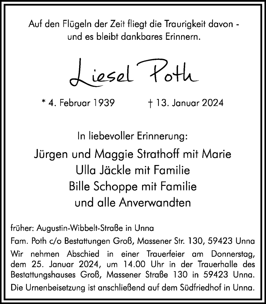  Traueranzeige für Liesel Poth vom 20.01.2024 aus Hellweger Anzeiger