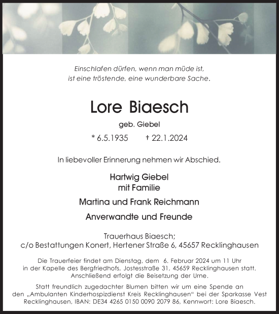 Traueranzeige von Lore Biaesch von Medienhaus Bauer