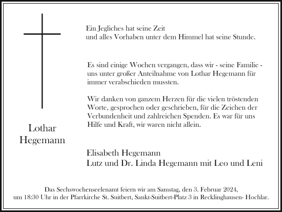Traueranzeige von Lothar Hegemann von Medienhaus Bauer
