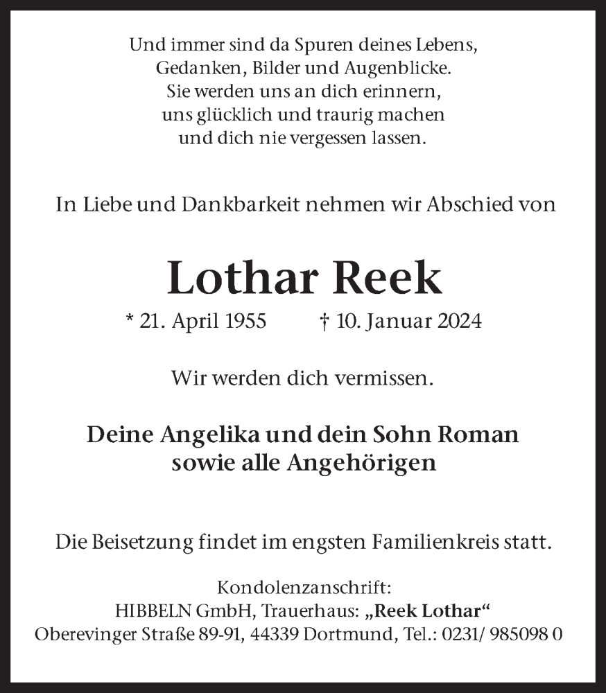  Traueranzeige für Lothar Reek vom 20.01.2024 aus Hellweger Anzeiger